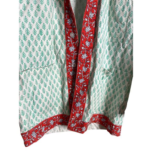 SZ Blockprints Cotton Jacket Green Leaf Red Floral Trim Hand Block Womans OS - Picture 9 of 11